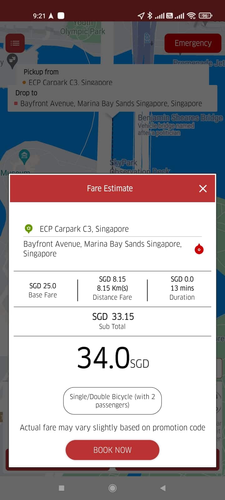 vimo services mobile app bicycle transport fare from east coast park to marina bay sands $34